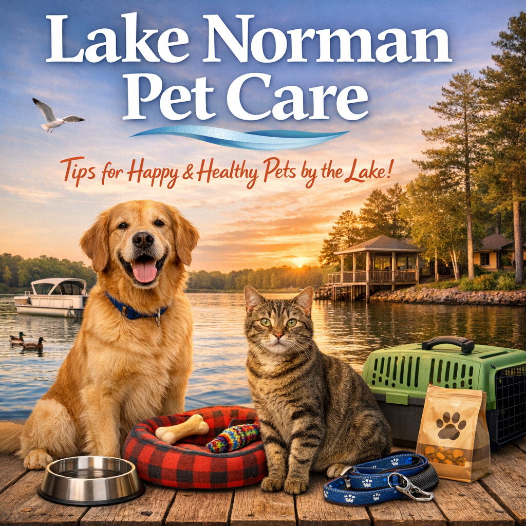 Lake Norman pet care with loving dog and cat on a lakeside dock with pet supplies and carrier